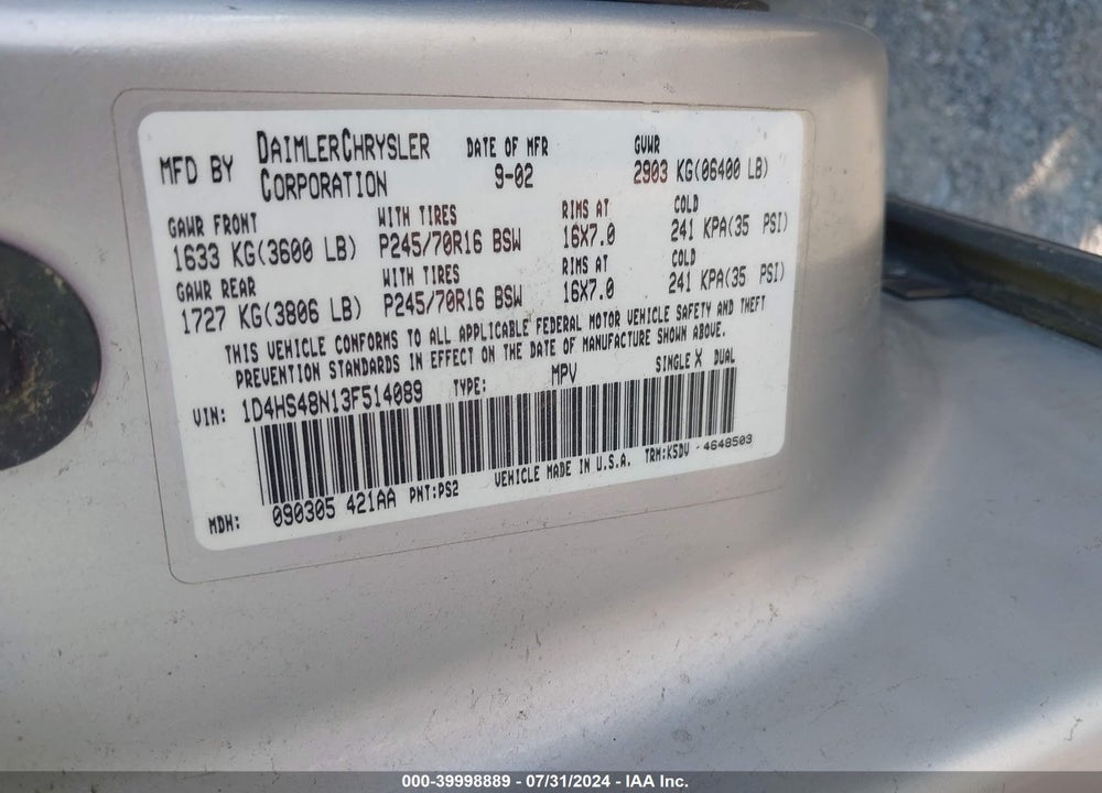 2003 DODGE DURANGO SLT VIN: 1D4HS48N13F514089
