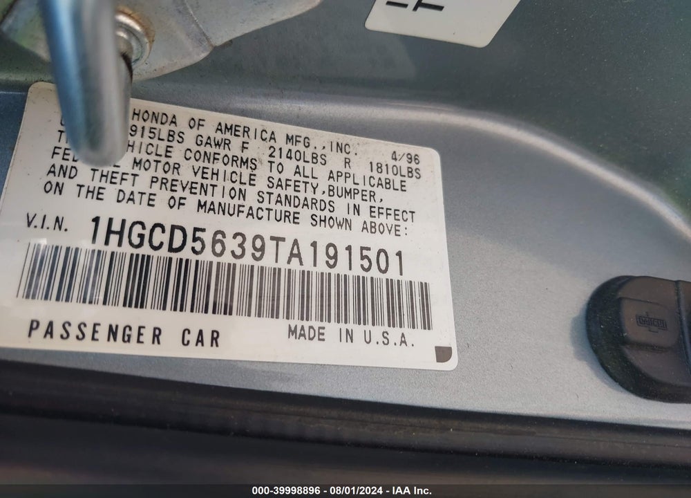 1996 HONDA ACCORD LX/EX VIN: 1HGCD5639TA191501