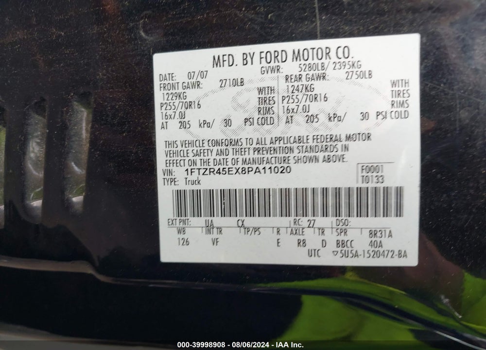 2008 FORD RANGER FX4 OFF-ROAD/SPORT/XLT VIN: 1FTZR45EX8PA11020