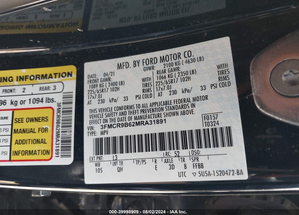 2021 FORD BRONCO SPORT BIG BEND VIN: 3FMCR9B62MRA31891