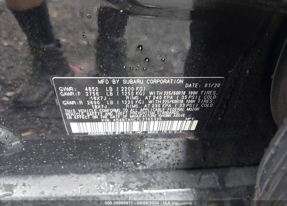 2020 SUBARU OUTBACK LIMITED VIN: 4S4BTANC7L3165325