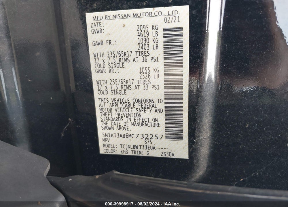 2021 NISSAN ROGUE S INTELLIGENT AWD VIN: 5N1AT3AB6MC732257