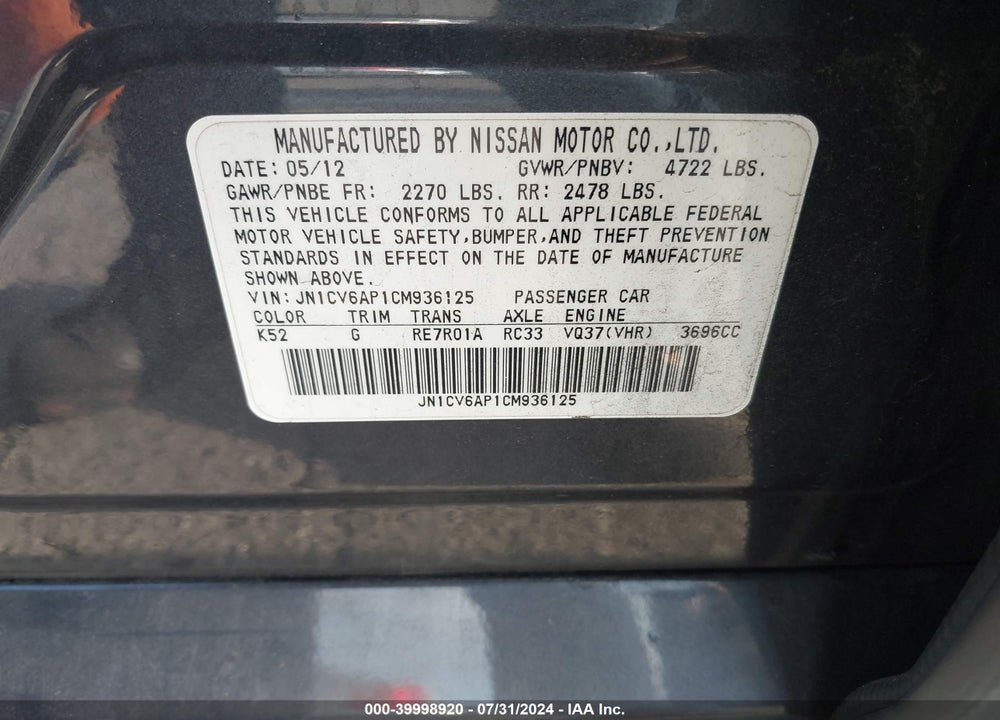2012 INFINITI G37 JOURNEY VIN: JN1CV6AP1CM936125