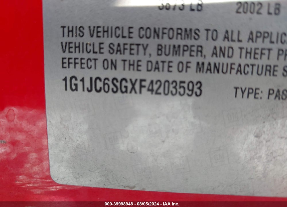 2015 CHEVROLET SONIC LT AUTO VIN: 1G1JC6SGXF4203593