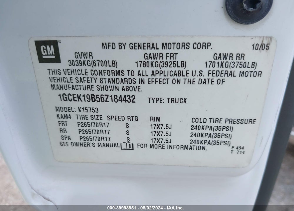 2006 CHEVROLET SILVERADO 1500 LT1 VIN: 1GCEK19B56Z184432