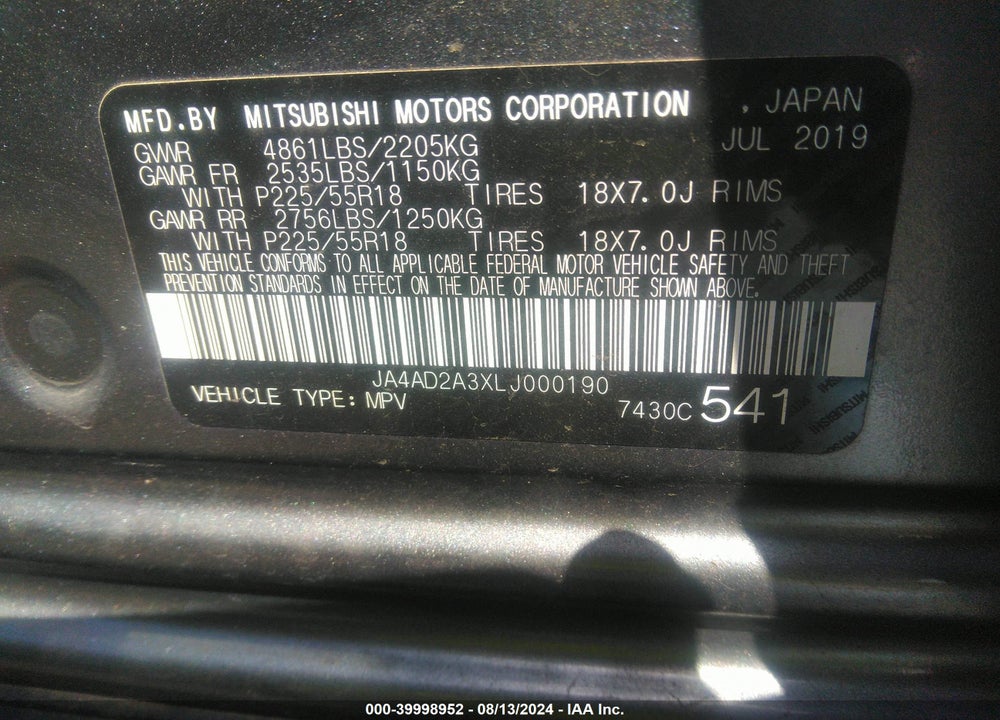 2020 MITSUBISHI OUTLANDER ES 2.4 VIN: JA4AD2A3XLJ000190