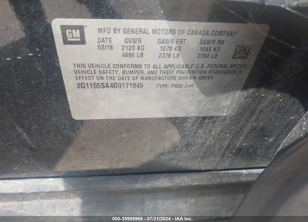 2016 CHEVROLET IMPALA 1LT VIN: 2G1105SA4G9171849