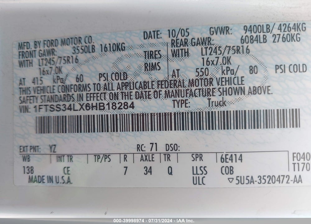 2006 FORD E-350 SUPER DUTY COMMERCIAL/RECREATIONAL VIN: 1FTSS34LX6HB18284