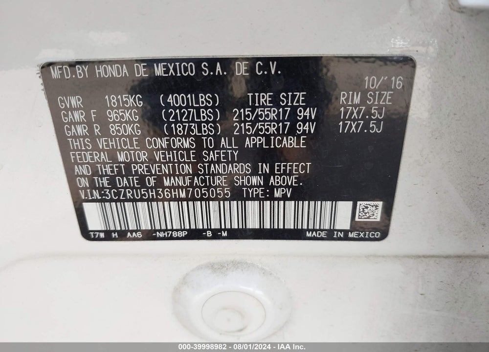 2017 HONDA HR-V VIN: 3CZRU5H36HM705055