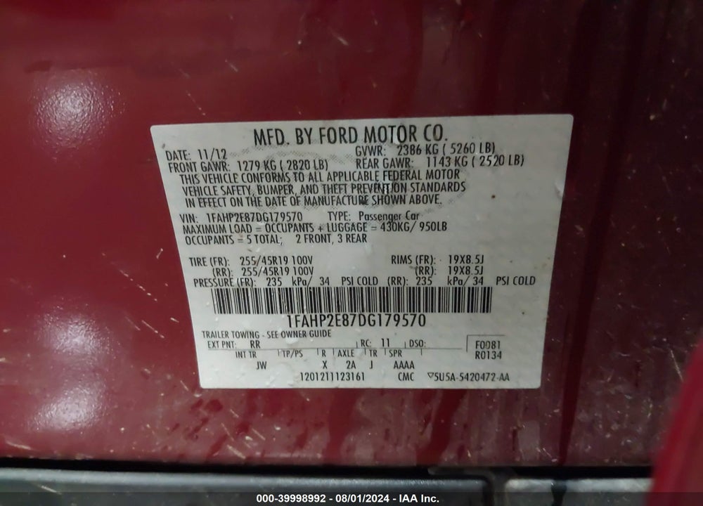 2013 FORD TAURUS SEL VIN: 1FAHP2E87DG179570