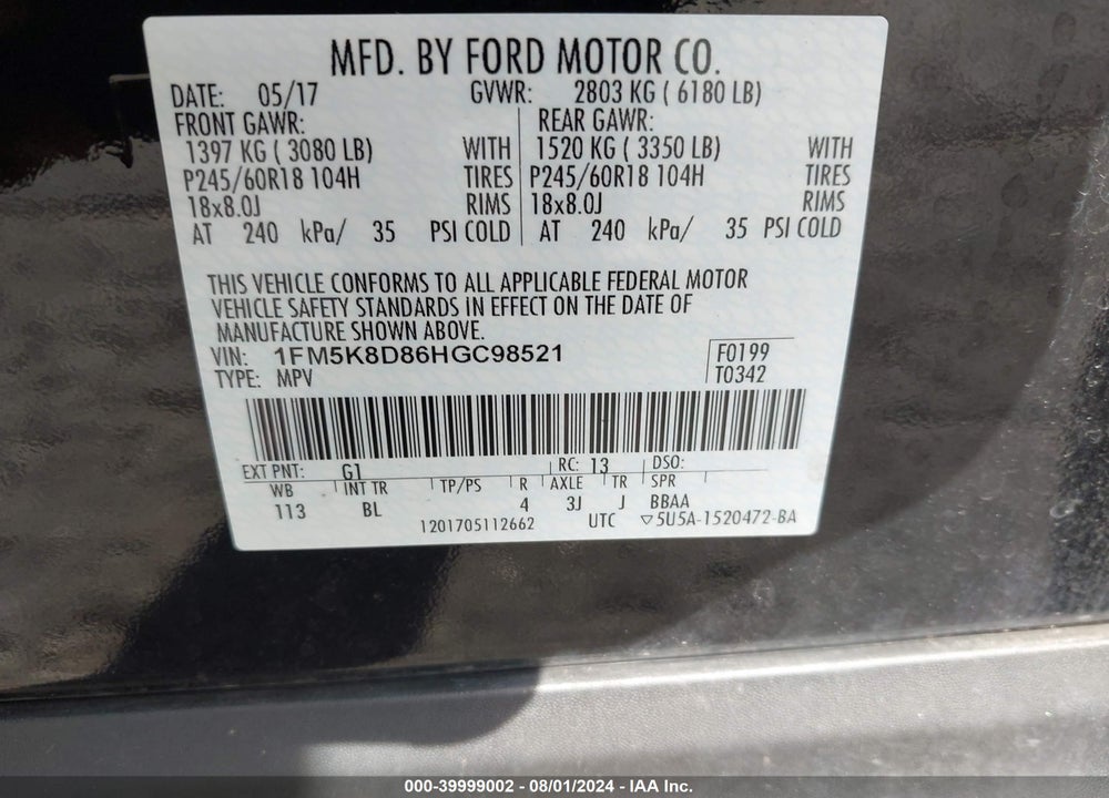 2017 FORD EXPLORER XLT VIN: 1FM5K8D86HGC98521