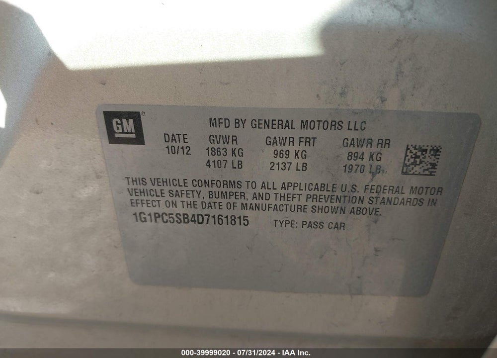 2013 CHEVROLET CRUZE 1LT AUTO VIN: 1G1PC5SB4D7161815