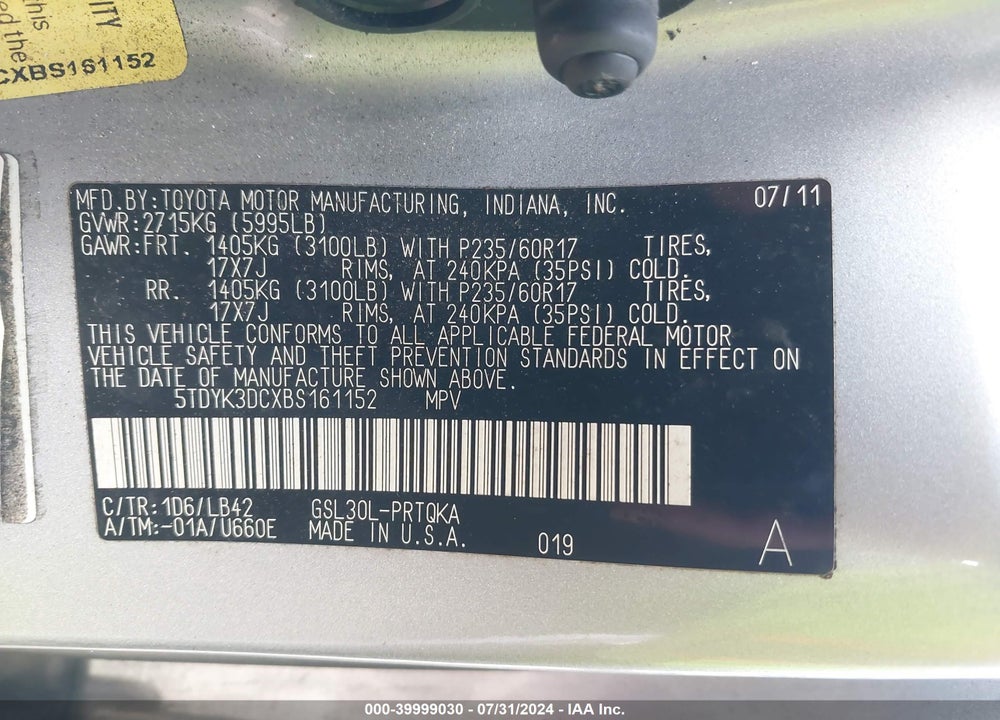 2011 TOYOTA SIENNA XLE V6 VIN: 5TDYK3DCXBS161152