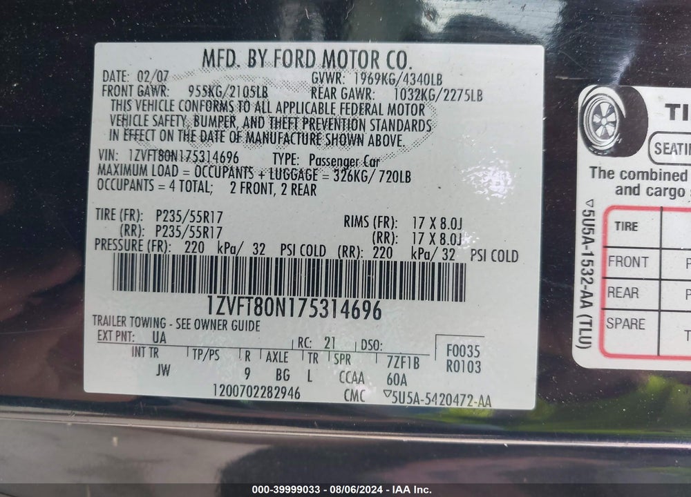 2007 FORD MUSTANG V6 DELUXE/V6 PREMIUM VIN: 1ZVFT80N175314696