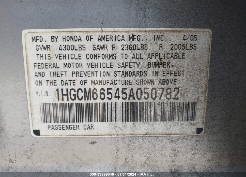 2005 HONDA ACCORD 3.0 EX VIN: 1HGCM66545A050782