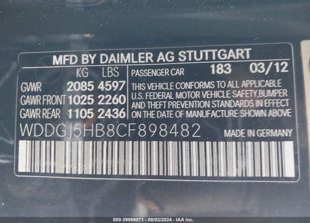 2012 MERCEDES-BENZ C 350 SPORT VIN: WDDGJ5HB8CF898482