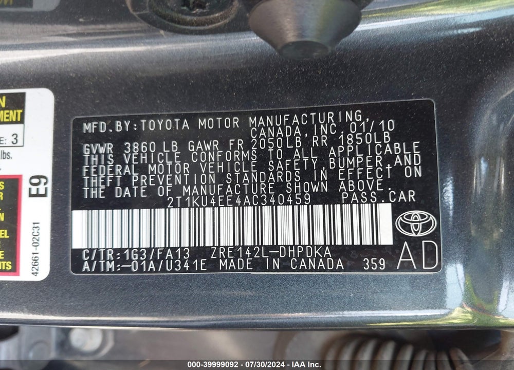 2010 TOYOTA MATRIX VIN: 2T1KU4EE4AC340459