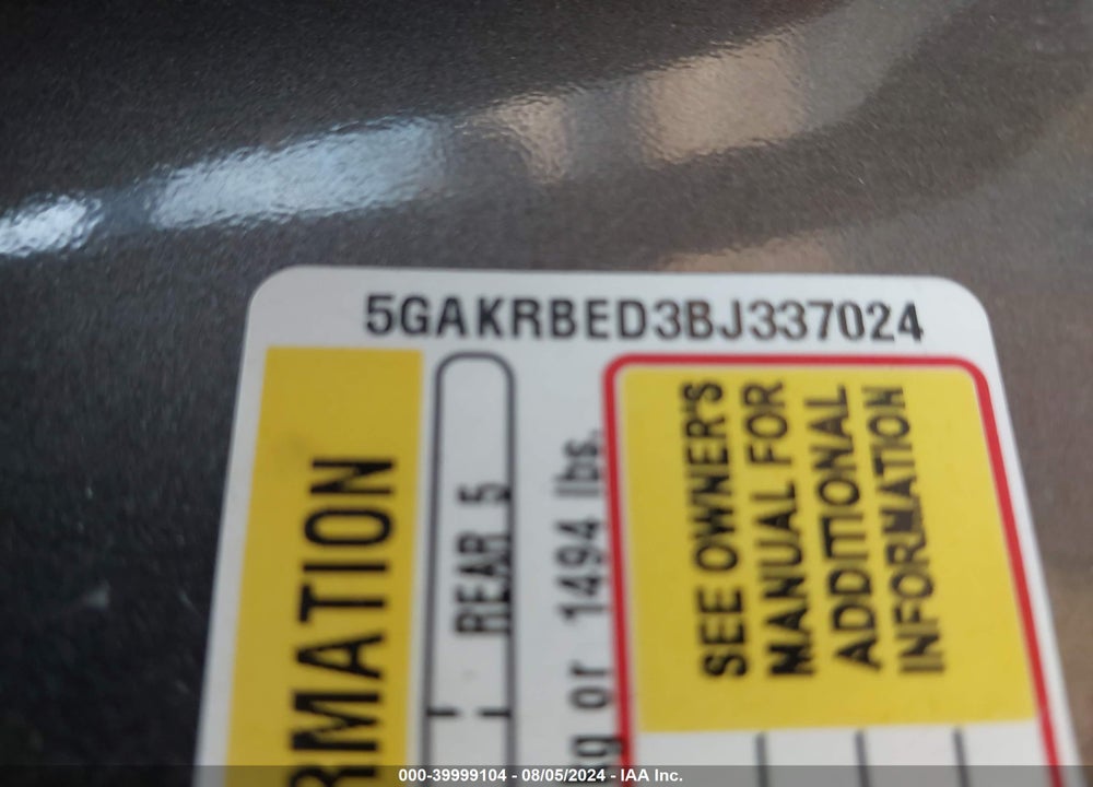 2011 BUICK ENCLAVE 1XL VIN: 5GAKRBED3BJ337024