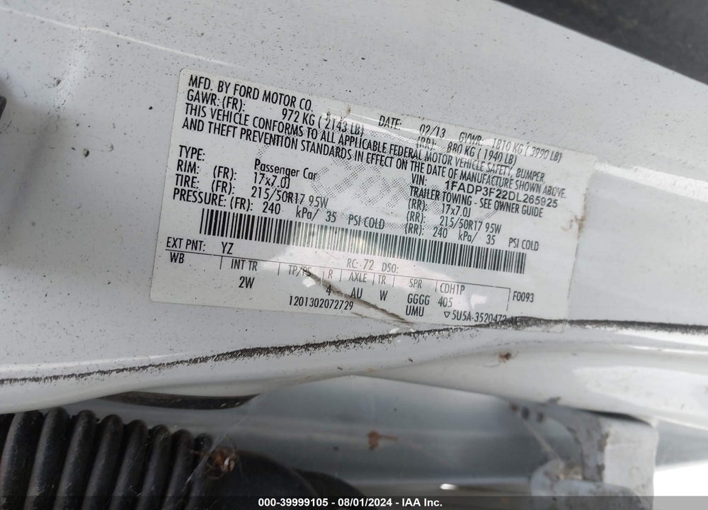 2013 FORD FOCUS SE VIN: 1FADP3F22DL265925