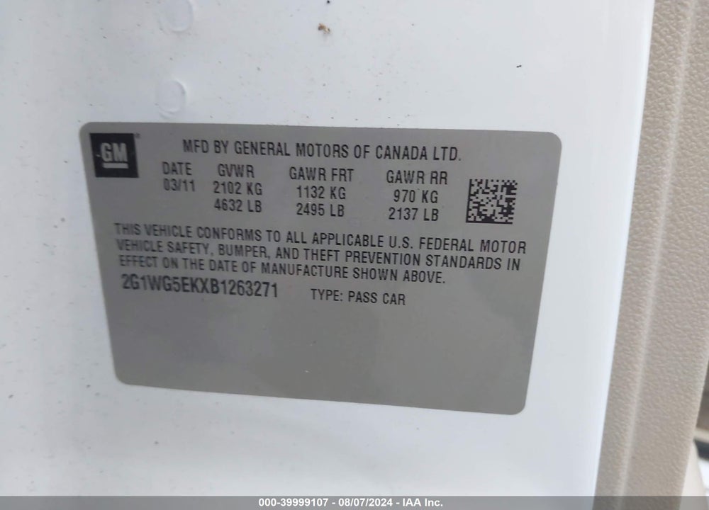 2011 CHEVROLET IMPALA LT VIN: 2G1WG5EKXB1263271