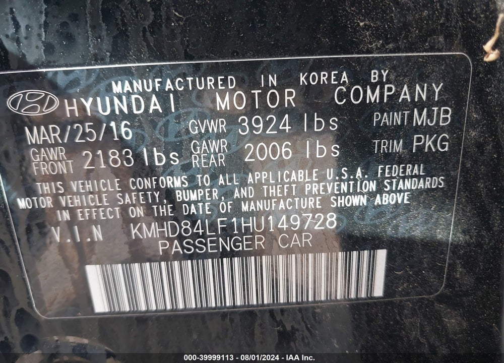 2017 HYUNDAI ELANTRA LIMITED VIN: KMHD84LF1HU149728