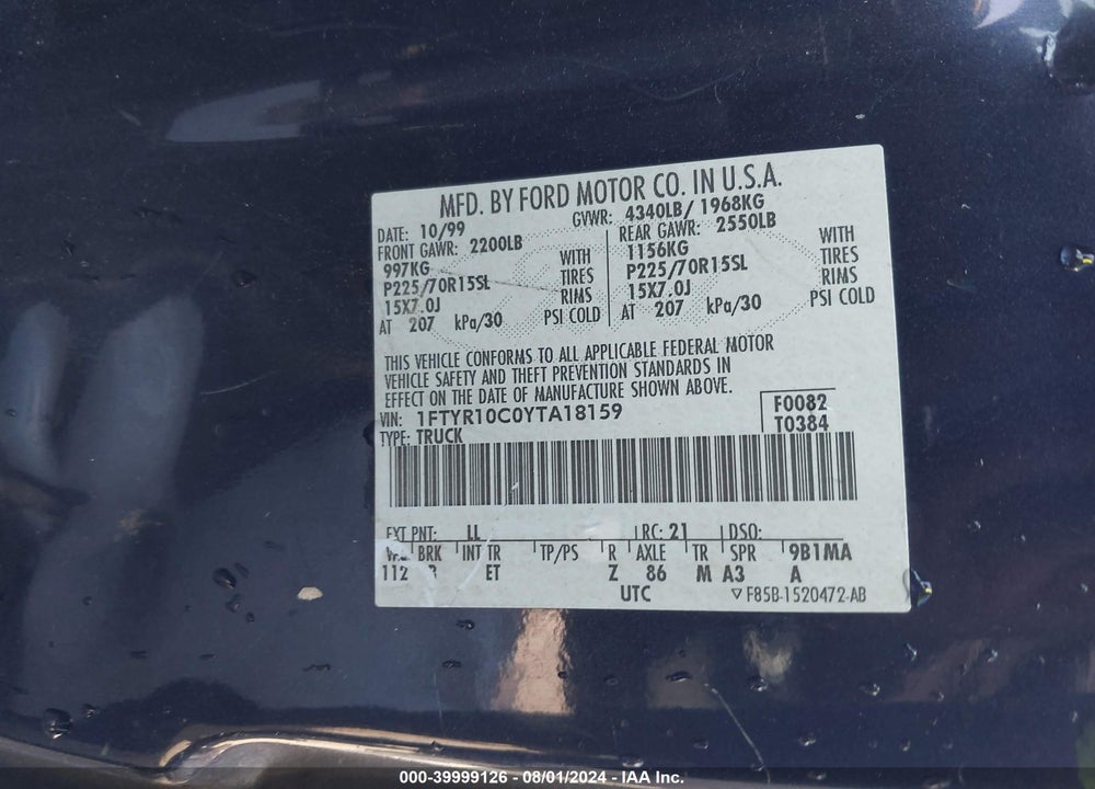 2000 FORD RANGER XL/XLT VIN: 1FTYR10C0YTA18159