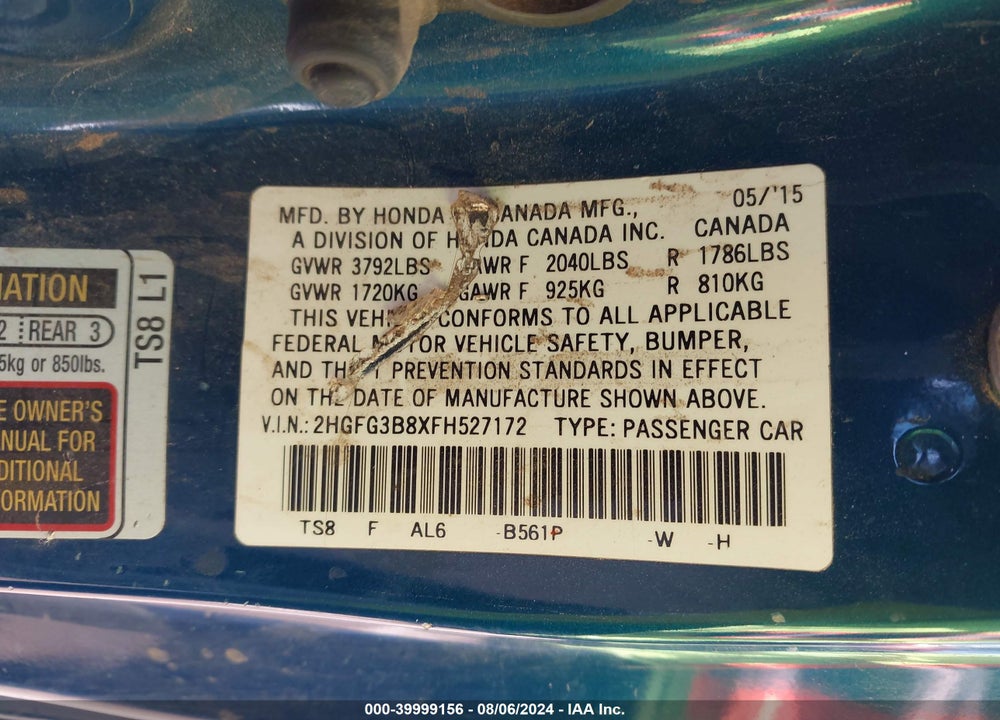2015 HONDA CIVIC EX VIN: 2HGFG3B8XFH527172