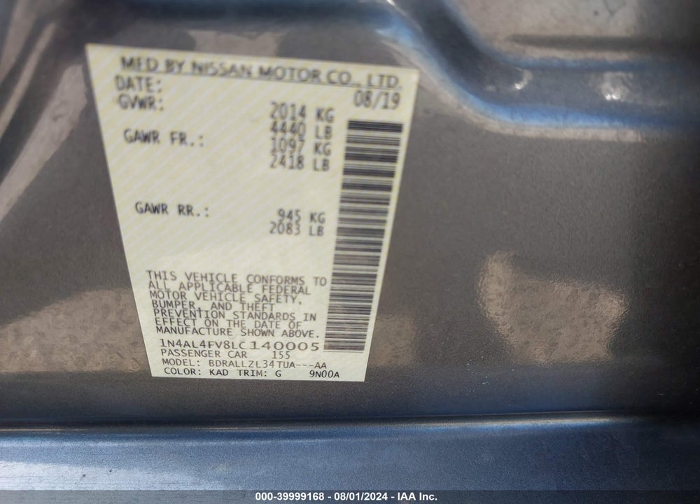 2020 NISSAN ALTIMA PLATINUM VC-TURBO FWD VIN: 1N4AL4FV8LC140005