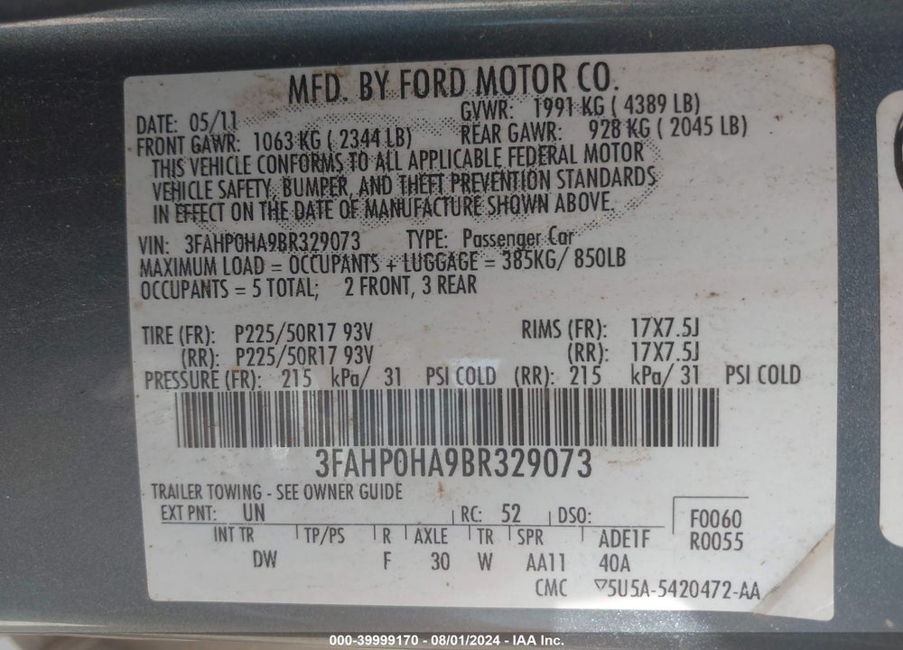 2011 FORD FUSION SE VIN: 3FAHP0HA9BR329073