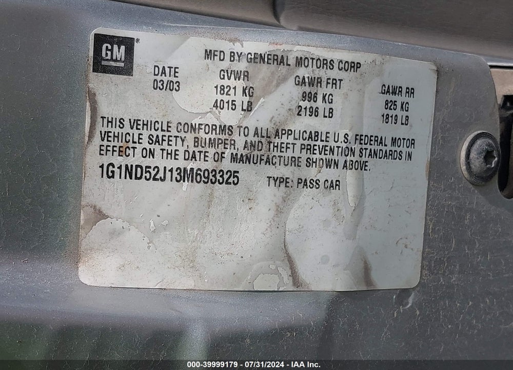 2003 CHEVROLET MALIBU VIN: 1G1ND52J13M693325