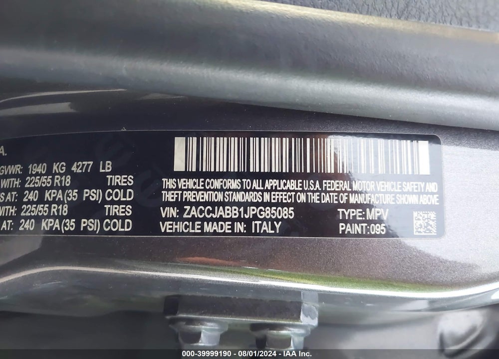 2018 JEEP RENEGADE LATITUDE FWD VIN: ZACCJABB1JPG85085