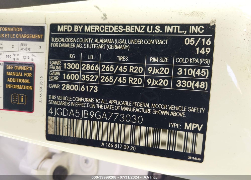 2016 MERCEDES-BENZ GLE 350 VIN: 4JGDA5JB9GA773030