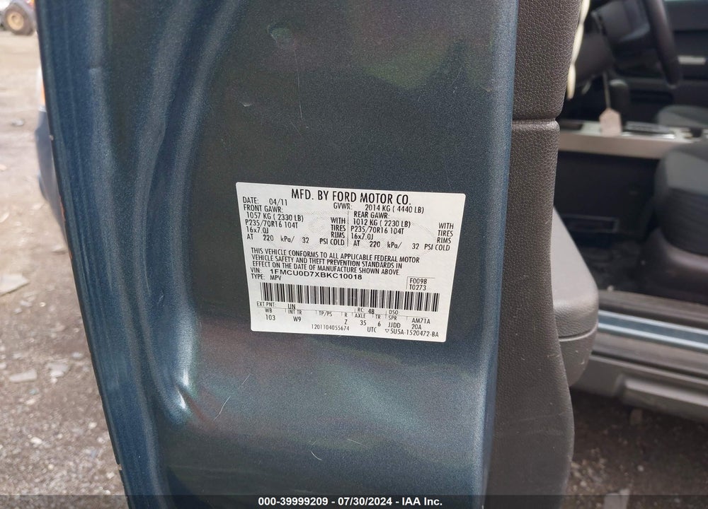 2011 FORD ESCAPE XLT VIN: 1FMCU0D7XBKC10018