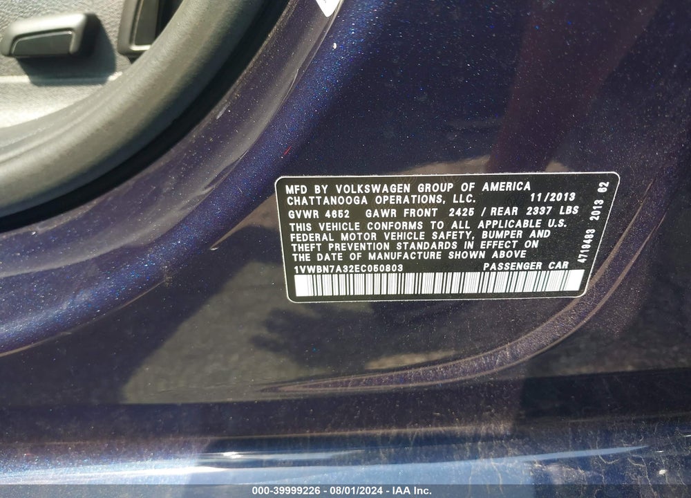 2014 VOLKSWAGEN PASSAT 2.0L TDI SE VIN: 1VWBN7A32EC050803