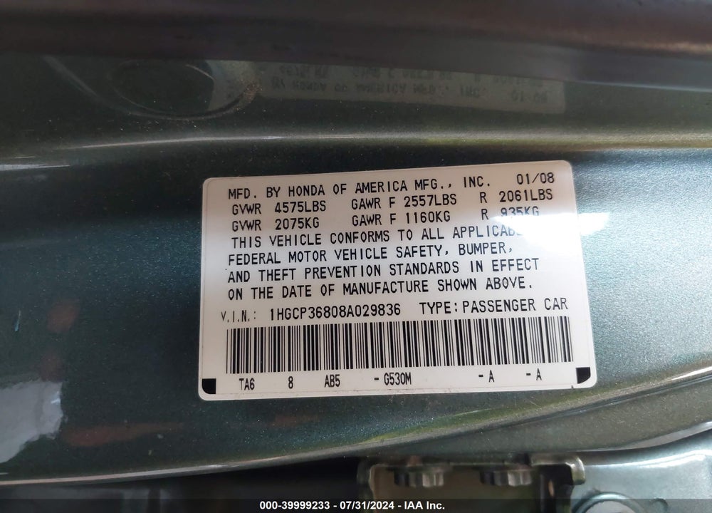 2008 HONDA ACCORD 3.5 EX-L VIN: 1HGCP36808A029836