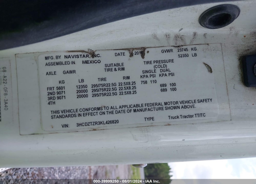2019 INTERNATIONAL LT VIN: 3HCDZTZR3KL426820