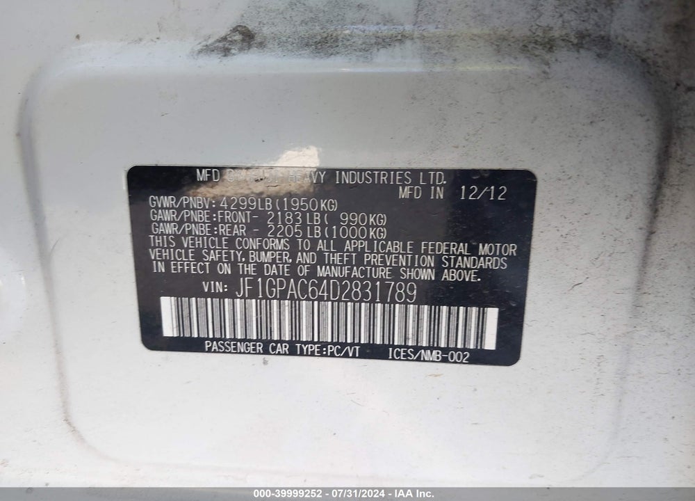 2013 SUBARU IMPREZA 2.0I PREMIUM VIN: JF1GPAC64D2831789