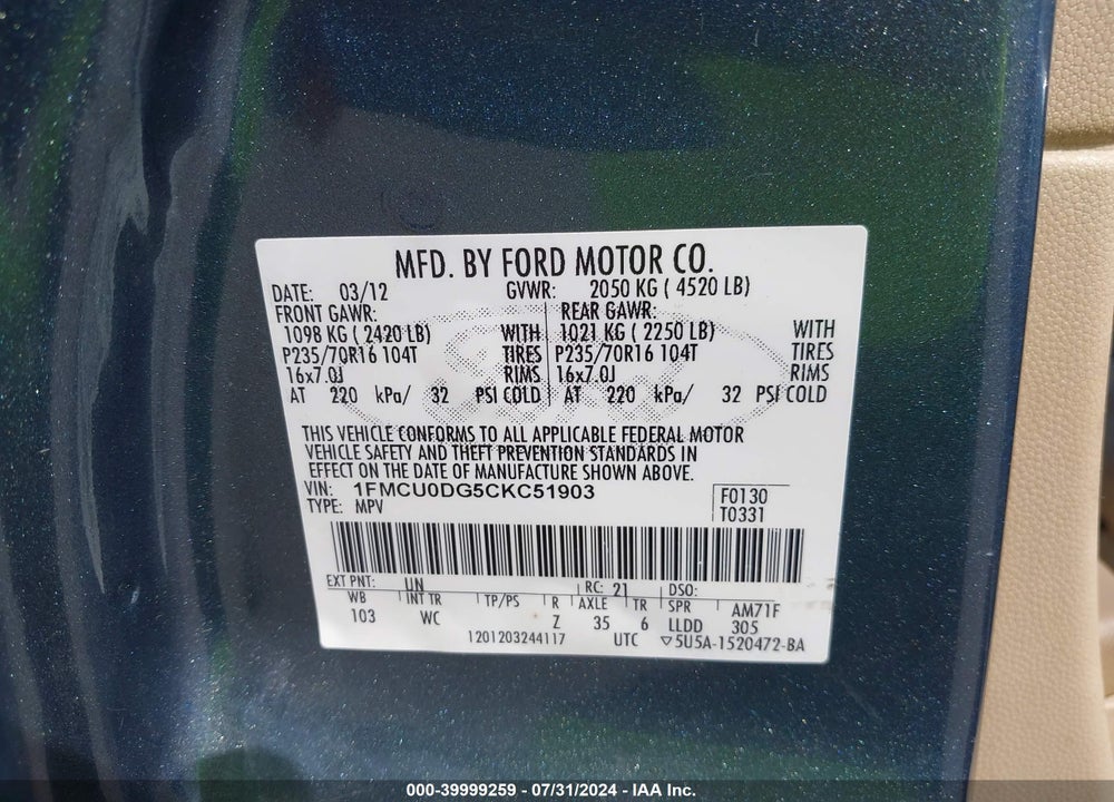 2012 FORD ESCAPE XLT VIN: 1FMCU0DG5CKC51903