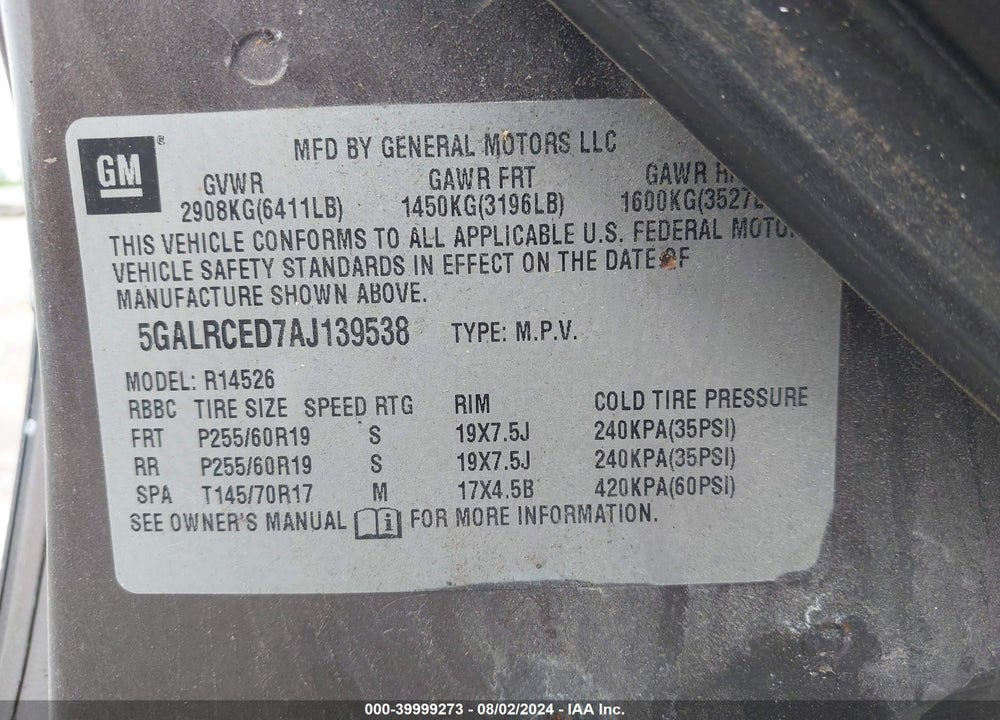 2010 BUICK ENCLAVE 2XL VIN: 5GALRCED7AJ139538