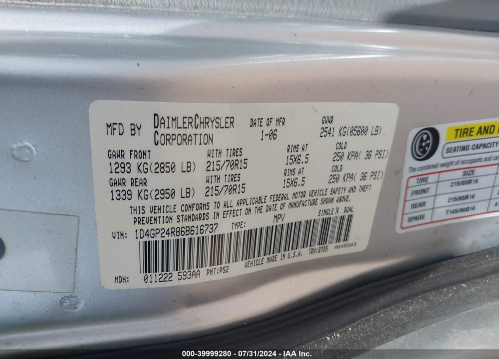 2006 DODGE GRAND CARAVAN SE VIN: 1D4GP24R86B616737