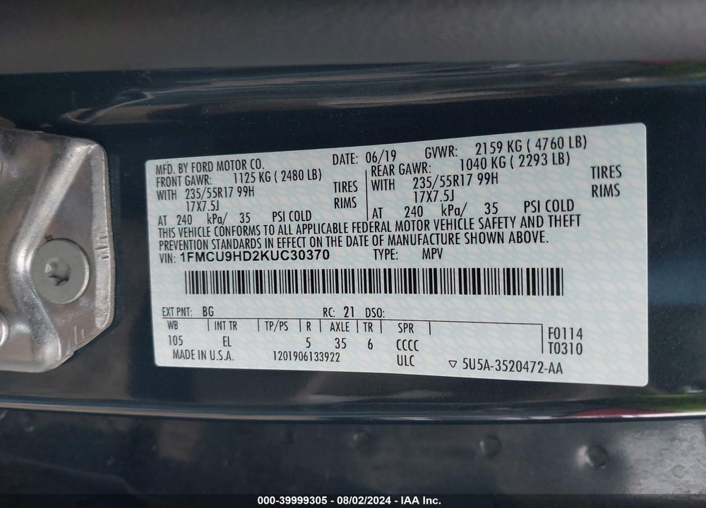 2019 FORD ESCAPE SEL VIN: 1FMCU9HD2KUC30370