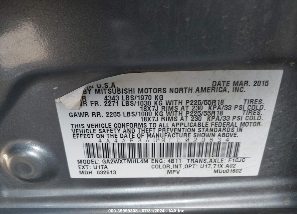 2015 MITSUBISHI OUTLANDER SPORT ES VIN: 4A4AP3AU9FE029634