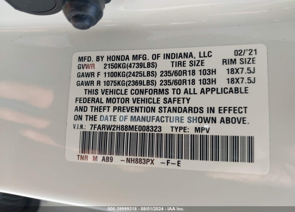 2021 HONDA CR-V AWD EX-L VIN: 7FARW2H88ME008323