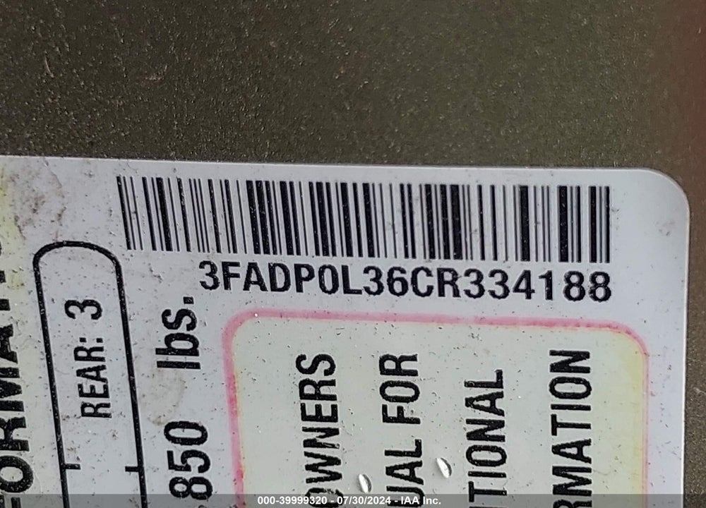 2012 FORD FUSION HYBRID VIN: 3FADP0L36CR334188