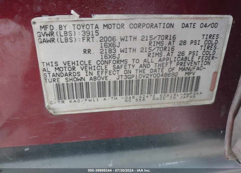 2000 TOYOTA RAV4 VIN: JT3GP10V2Y0048692