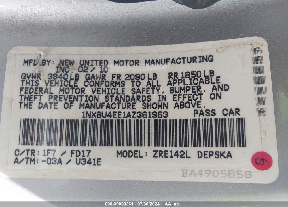 2010 TOYOTA COROLLA S VIN: 1NXBU4EE1AZ361963