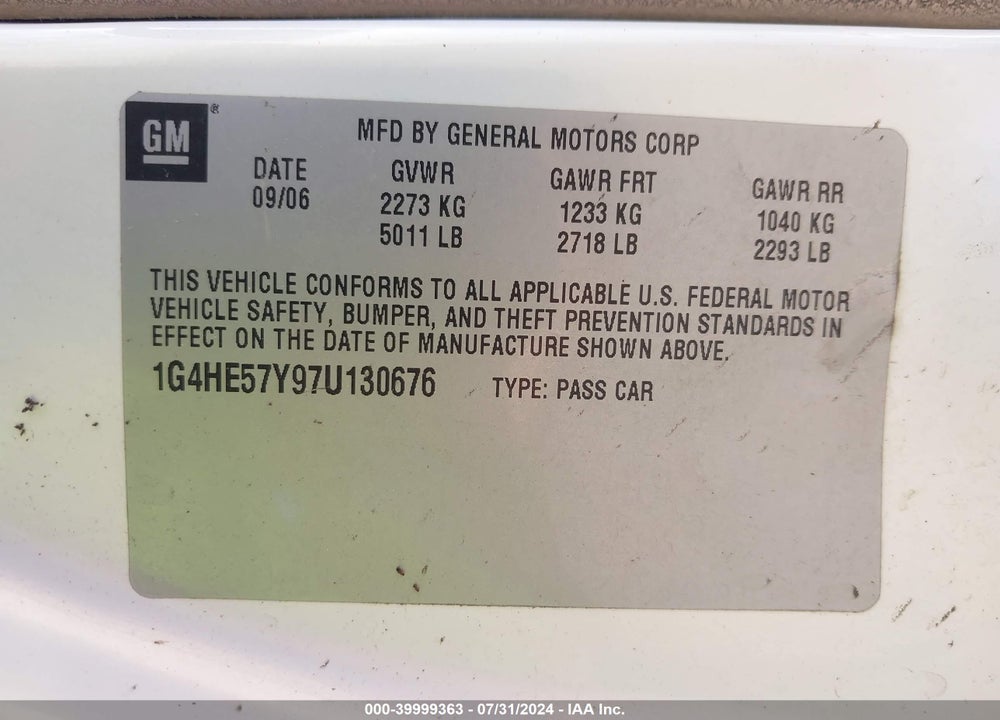 2007 BUICK LUCERNE CXS VIN: 1G4HE57Y97U130676