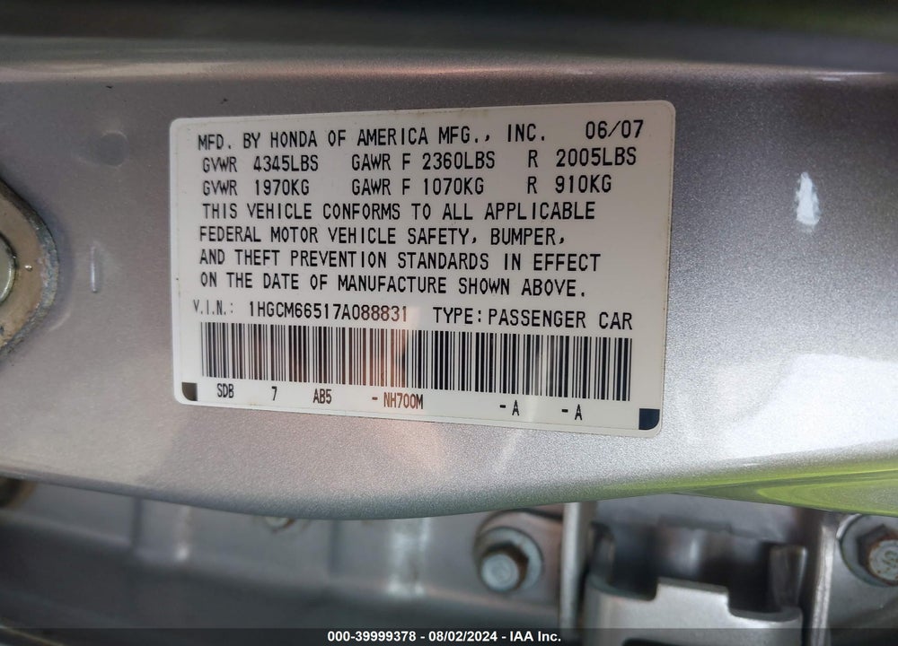 2007 HONDA ACCORD VIN: 1HGCM66517A088831