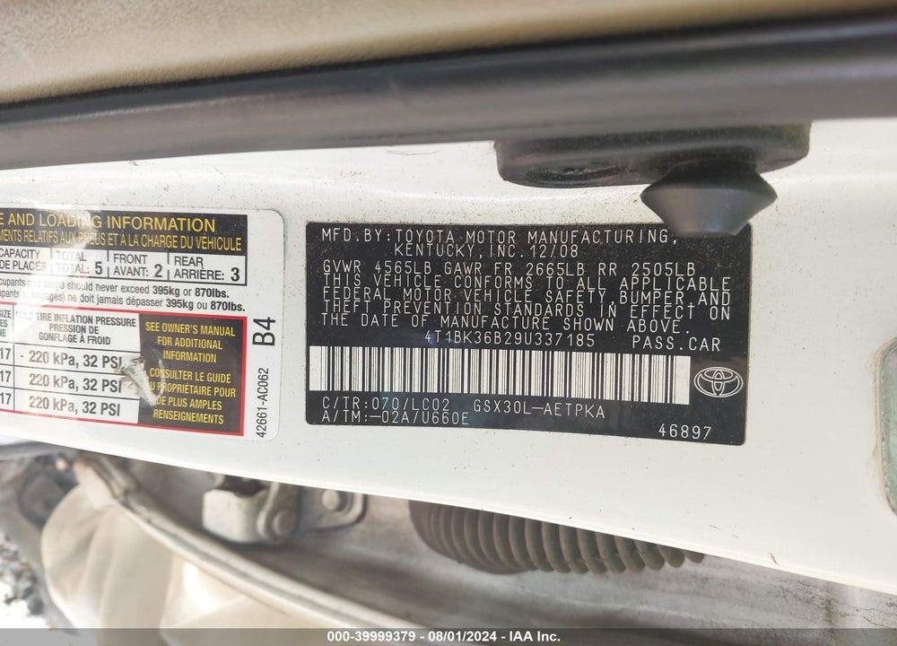 2009 TOYOTA AVALON LIMITED VIN: 4T1BK36B29U337185