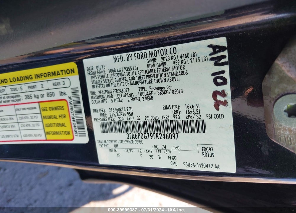 2015 FORD FUSION S VIN: 3FA6P0G79FR246097